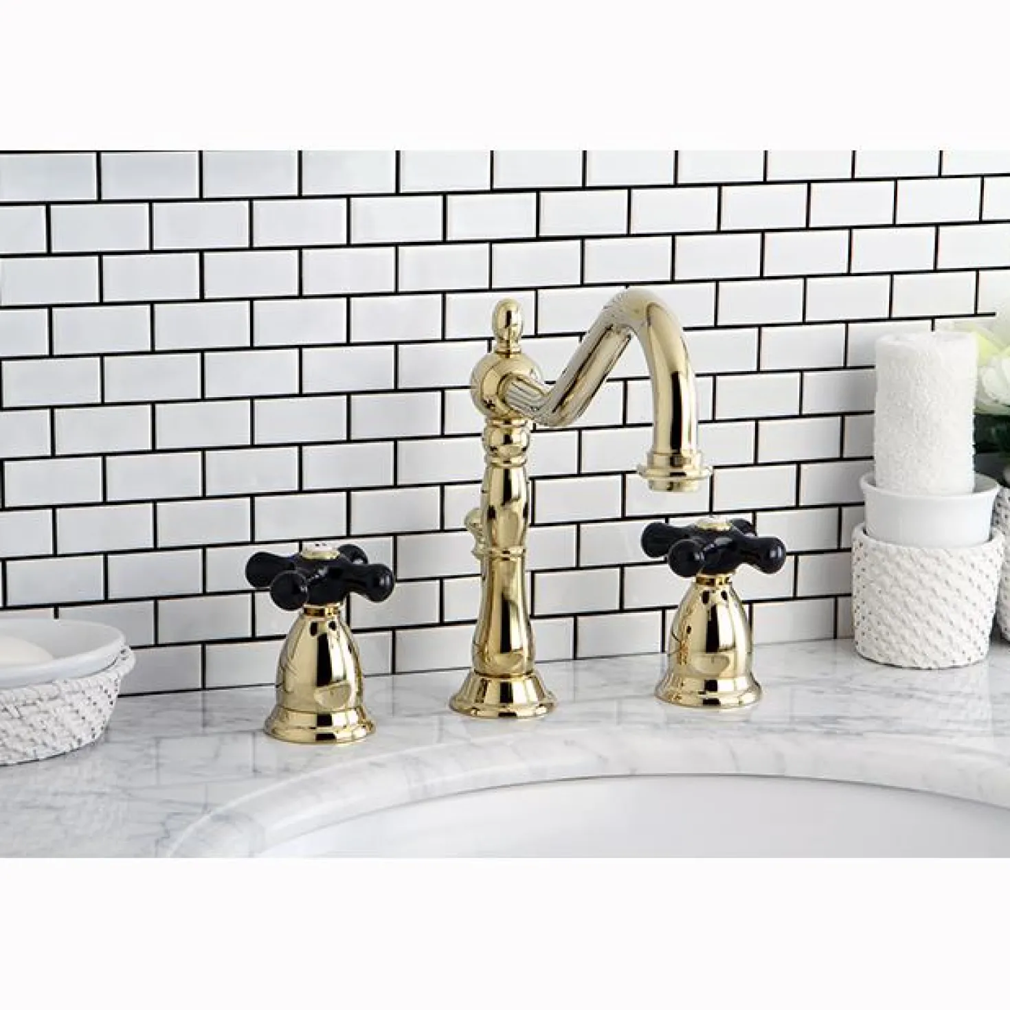 Kingston Brass Heritage Onyx Widespread Lavatory Faucet with Black Porcelain Cross Handle