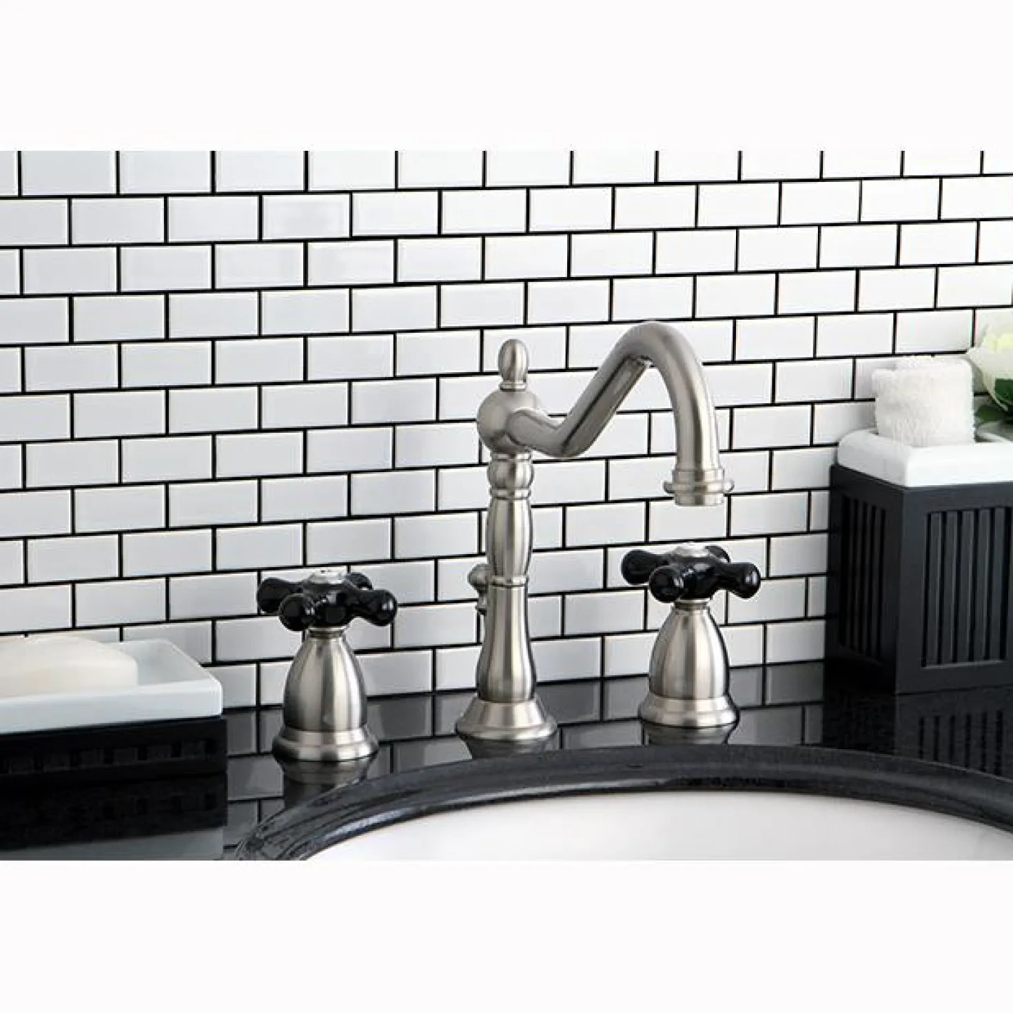 Kingston Brass Heritage Onyx Widespread Lavatory Faucet with Black Porcelain Cross Handle