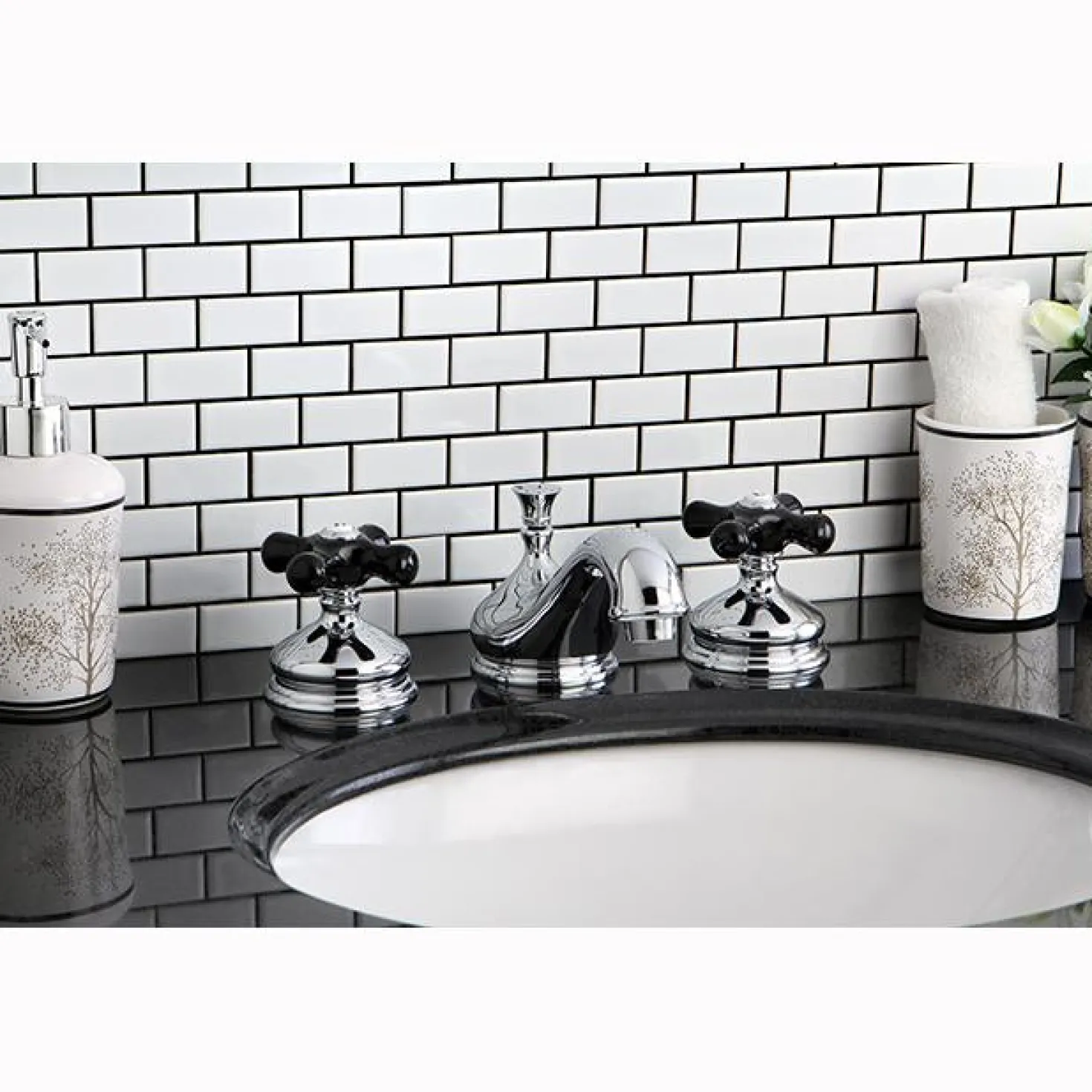 Kingston Brass Heritage Onyx Traditional Widespread Lavatory Faucet with Black Porcelain Cross Handle