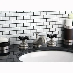 Kingston Brass Heritage Onyx Traditional Widespread Lavatory Faucet with Black Porcelain Cross Handle