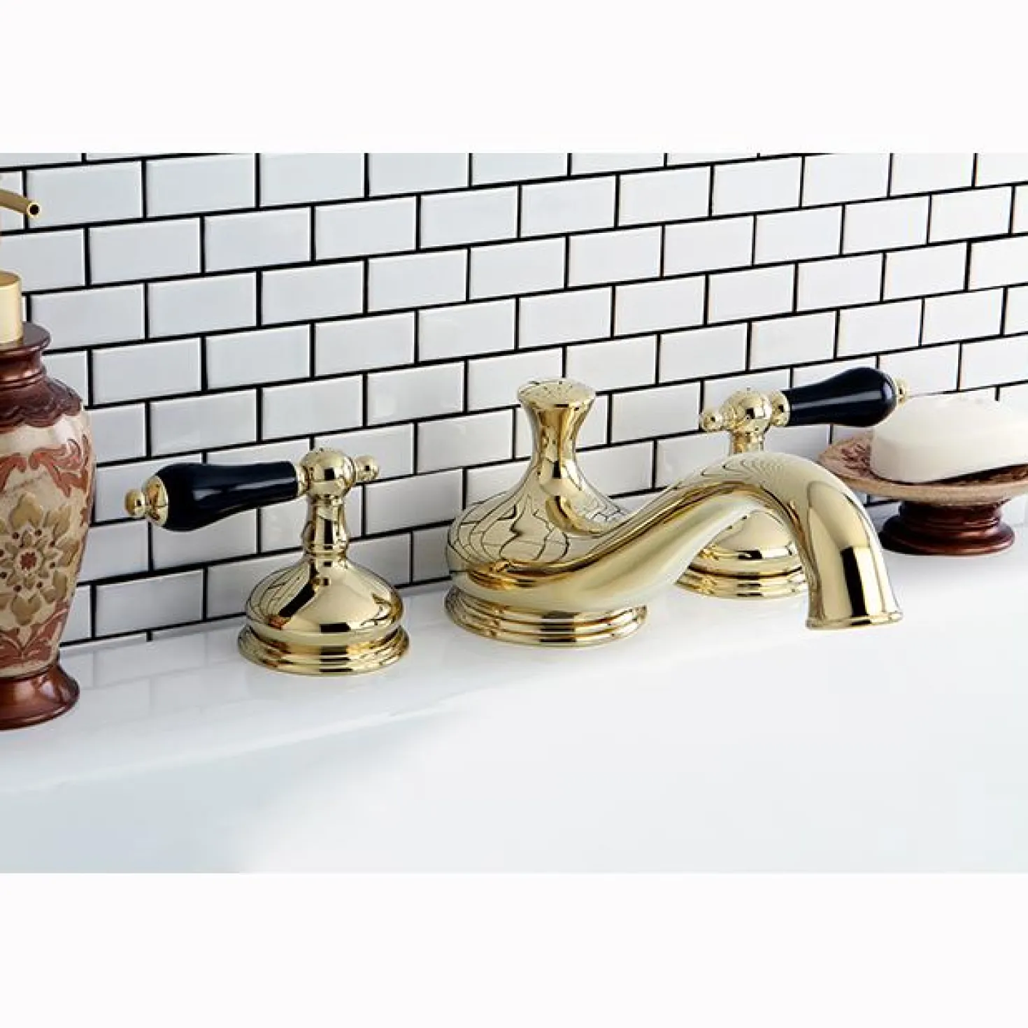 Kingston Brass Heritage Onyx Roman Tub Filler with Black Porcelain Lever Handle