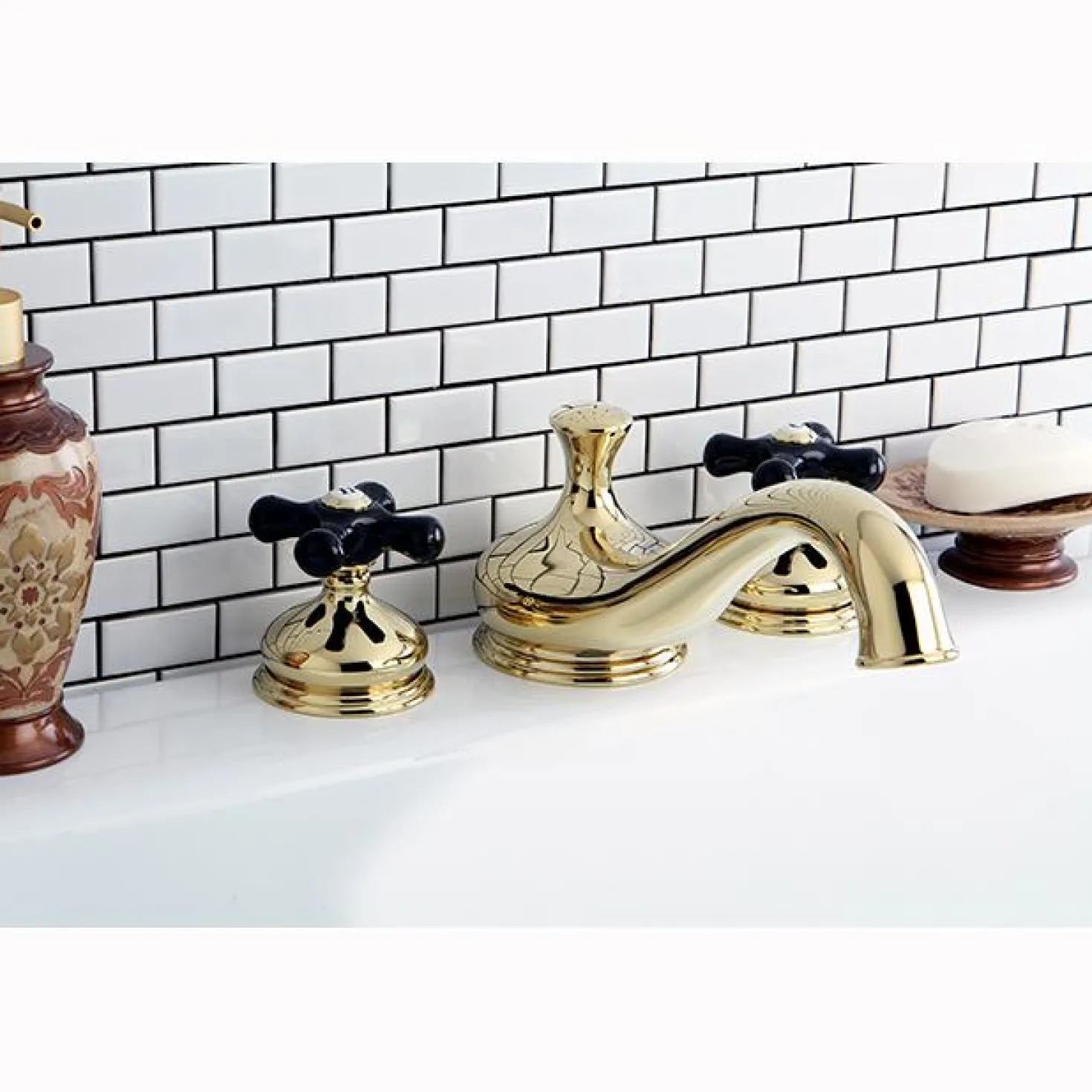 Kingston Brass Heritage Onyx Roman Tub Filler with Black Porcelain Cross Handle