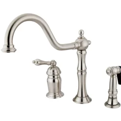Kingston Brass Heritage Single Handle Deck Mount Widespread Kitchen Faucet with Brass Sprayer