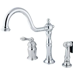 Kingston Brass Heritage Single Handle Deck Mount Widespread Kitchen Faucet with Brass Sprayer