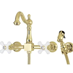 Kingston Brass Heritage Wall Mount 8" Centerset Kitchen Faucet with Brass Sprayer