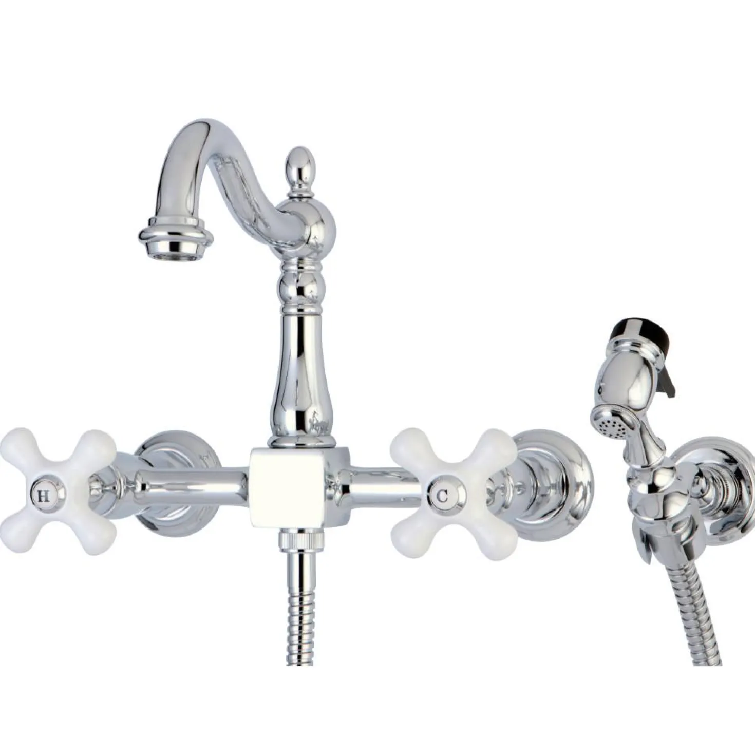 Kingston Brass Heritage Wall Mount 8" Centerset Kitchen Faucet with Brass Sprayer