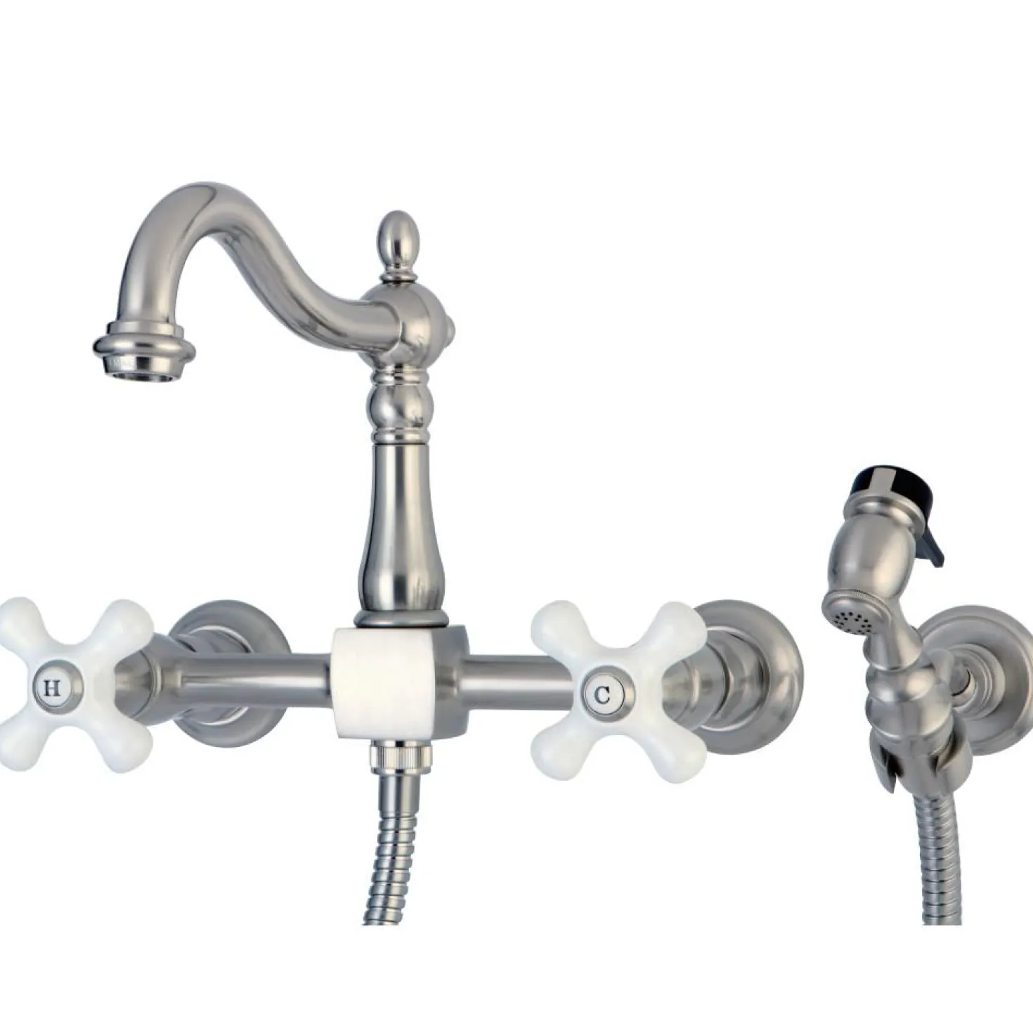 Kingston Brass Heritage Wall Mount 8" Centerset Kitchen Faucet with Brass Sprayer