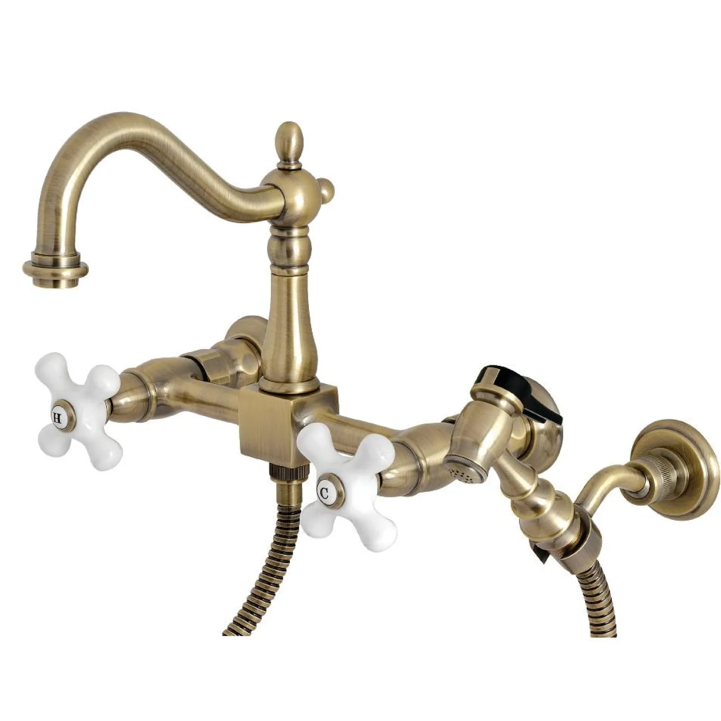 Kingston Brass Heritage Wall Mount 8" Centerset Kitchen Faucet with Brass Sprayer