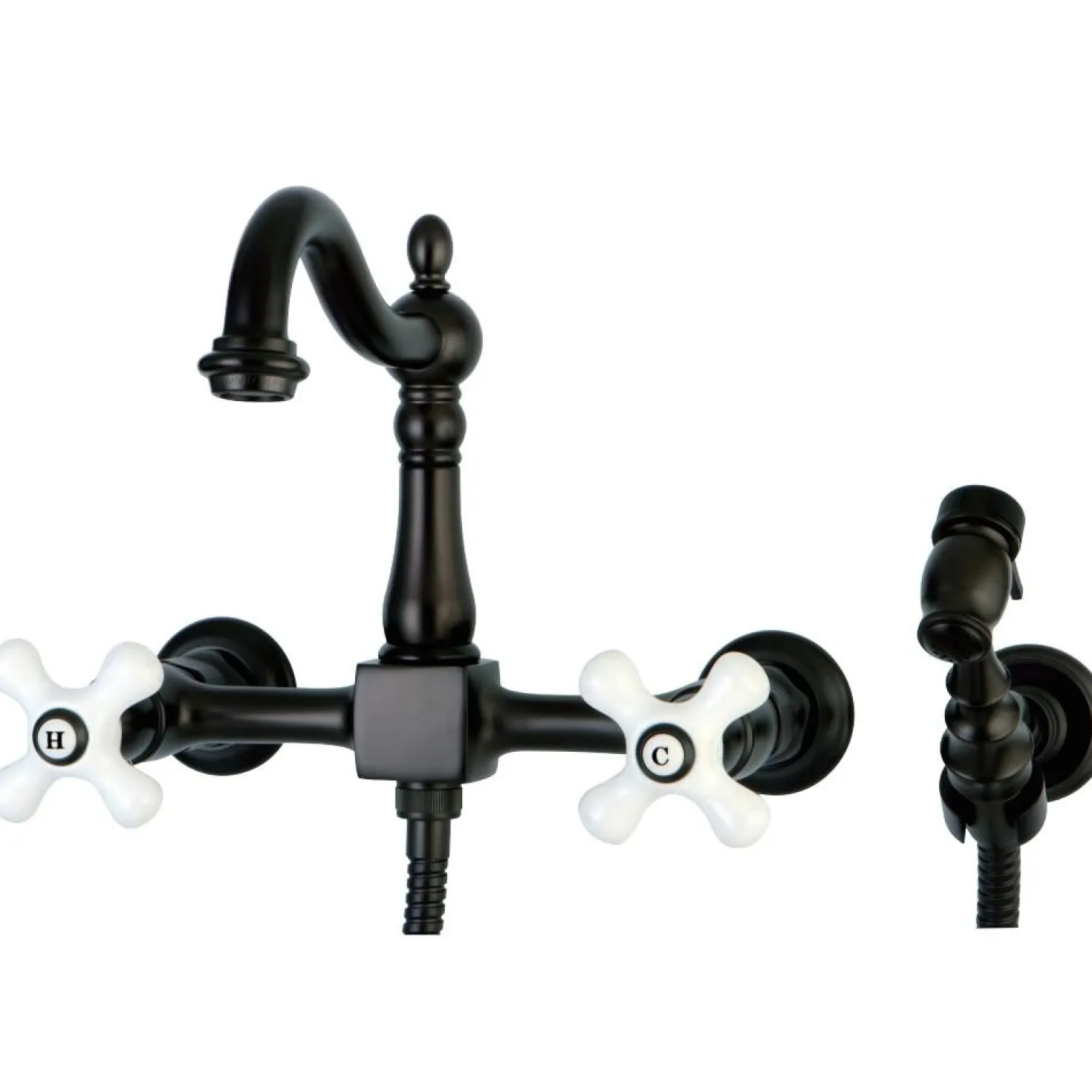 Kingston Brass Heritage Wall Mount 8" Centerset Kitchen Faucet with Brass Sprayer