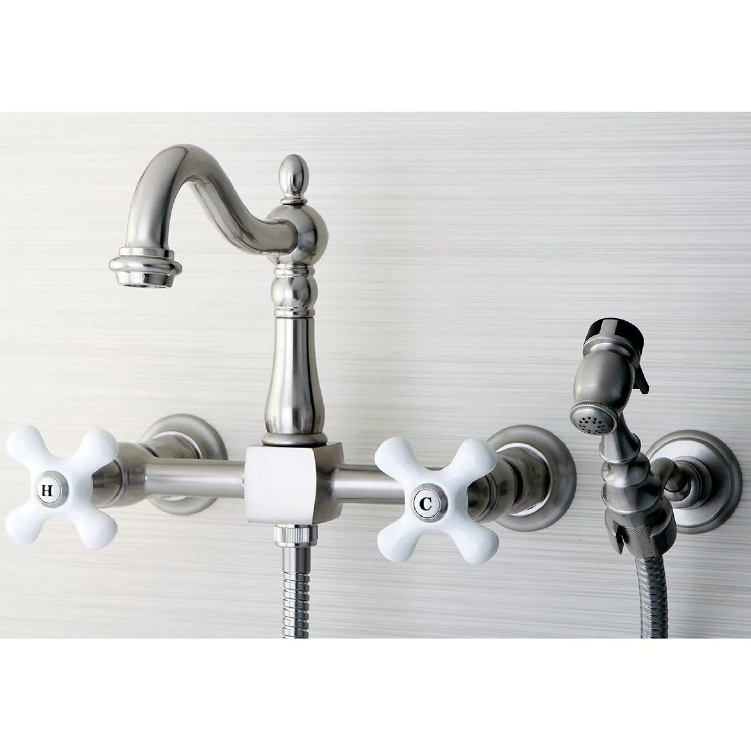 Kingston Brass Heritage Wall Mount 8" Centerset Kitchen Faucet with Brass Sprayer