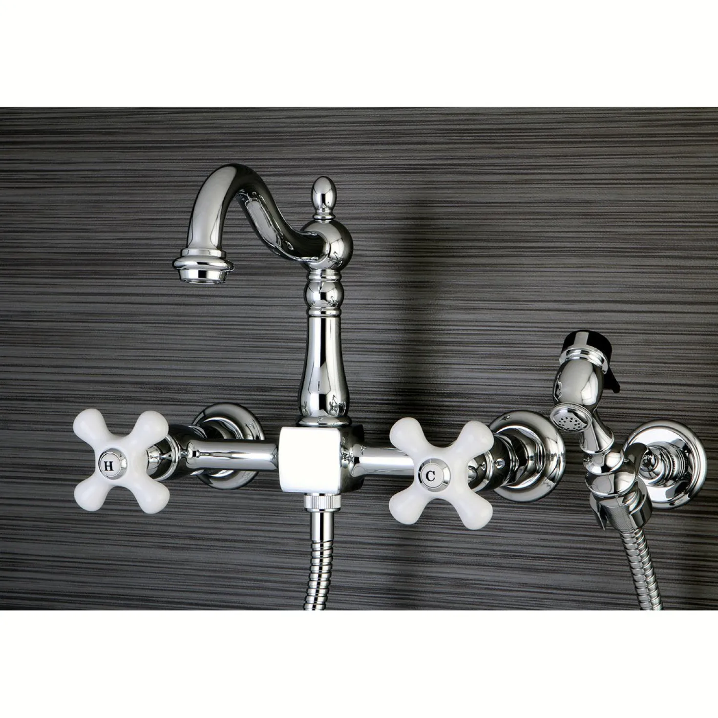 Kingston Brass Heritage Wall Mount 8" Centerset Kitchen Faucet with Brass Sprayer