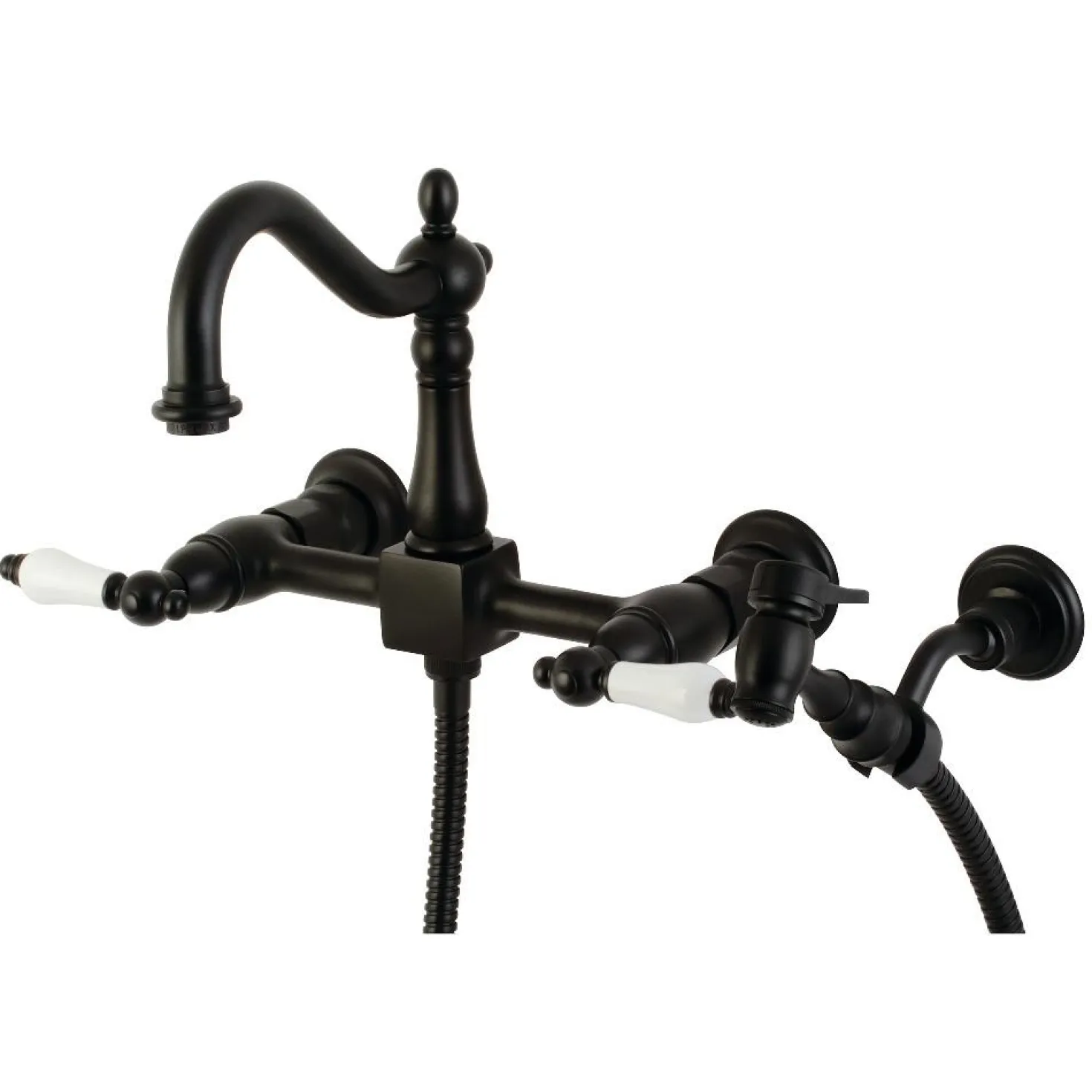 Kingston Brass Heritage Wall Mount 8-Inch Centerset Kitchen Faucet with Brass Sprayer