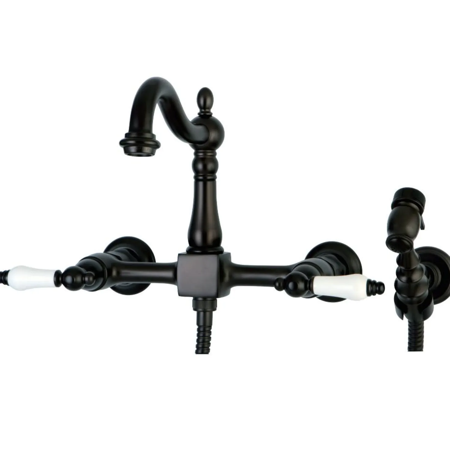 Kingston Brass Heritage Wall Mount 8-Inch Centerset Kitchen Faucet with Brass Sprayer