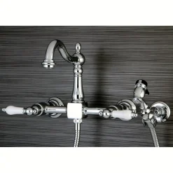 Kingston Brass Heritage Wall Mount 8-Inch Centerset Kitchen Faucet with Brass Sprayer