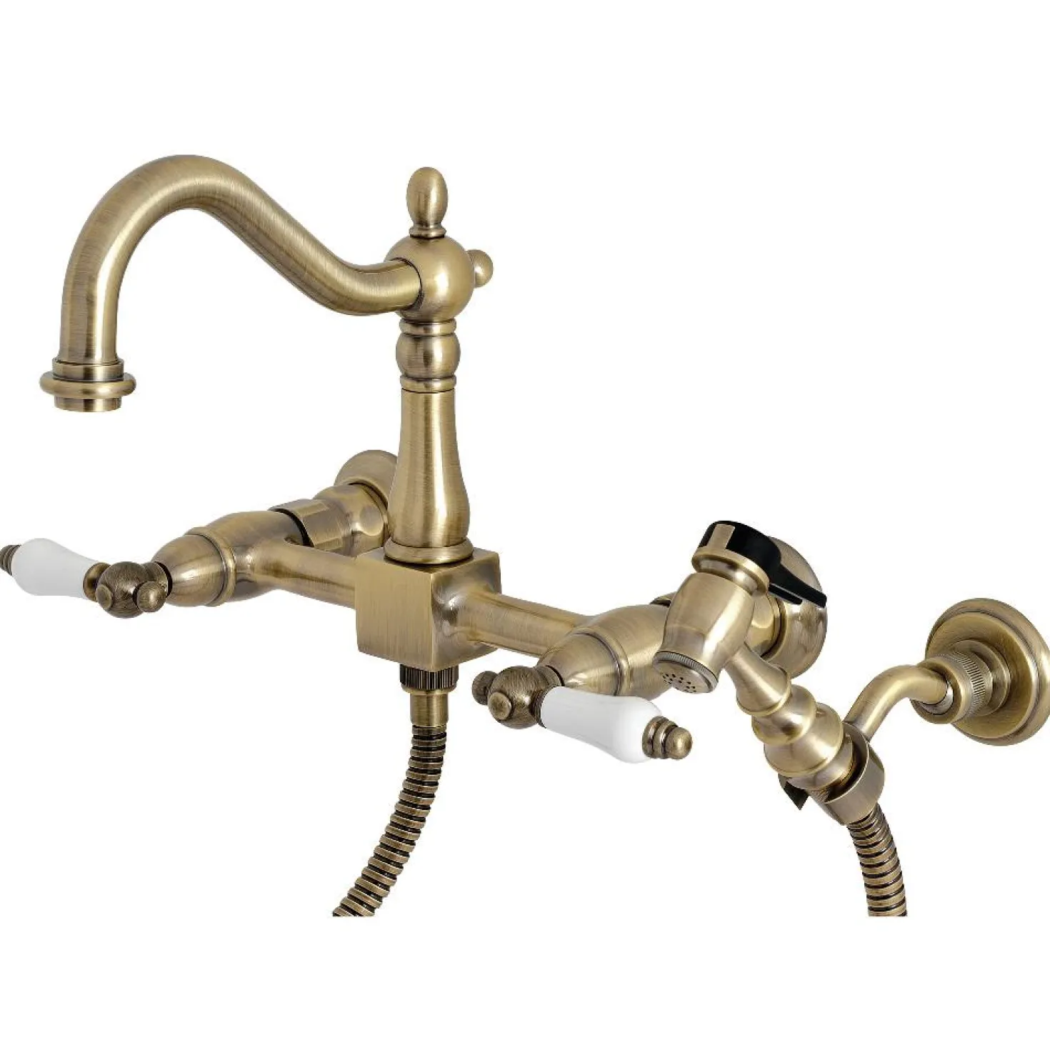 Kingston Brass Heritage Wall Mount 8-Inch Centerset Kitchen Faucet with Brass Sprayer