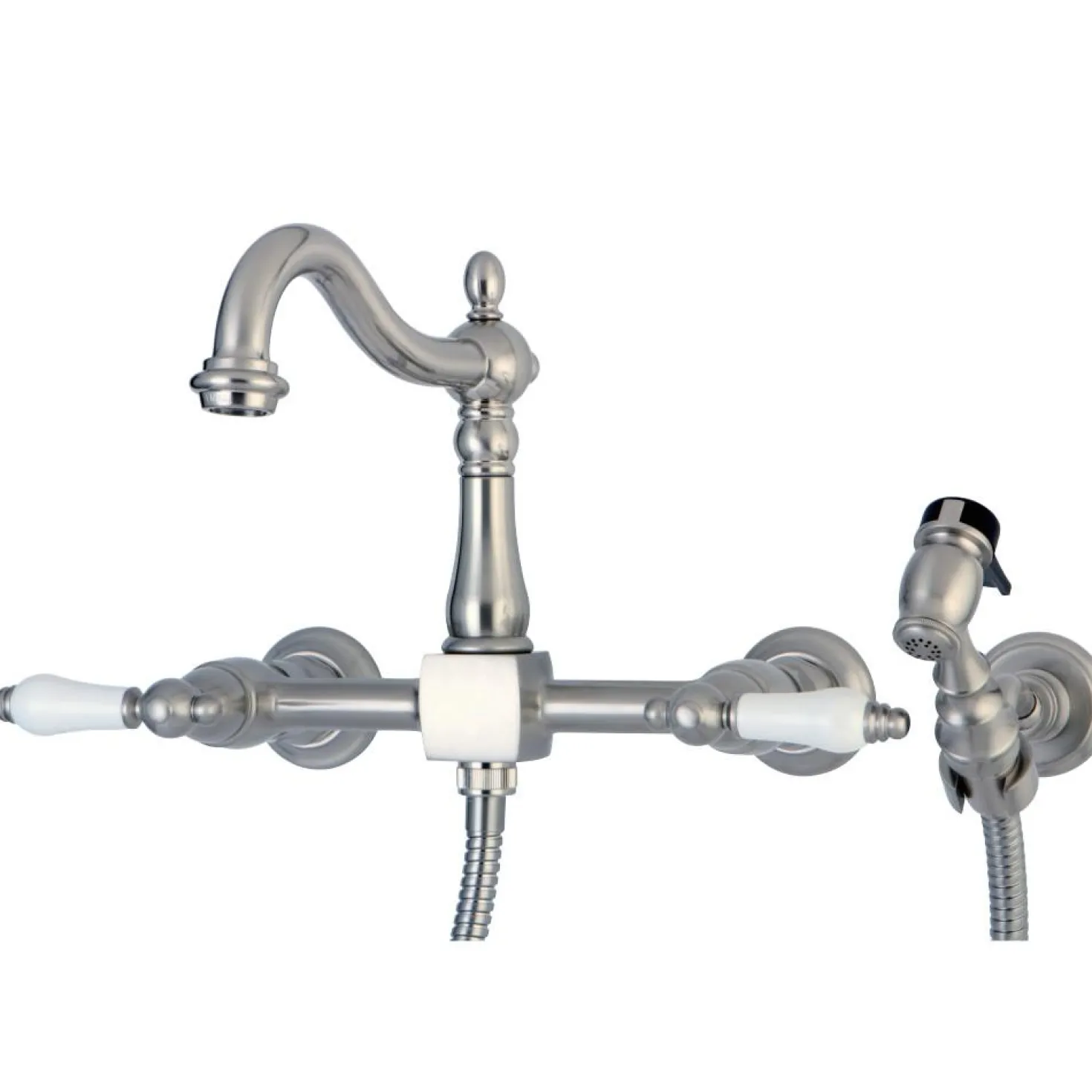 Kingston Brass Heritage Wall Mount 8-Inch Centerset Kitchen Faucet with Brass Sprayer