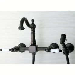 Kingston Brass Heritage Wall Mount 8-Inch Centerset Kitchen Faucet with Brass Sprayer