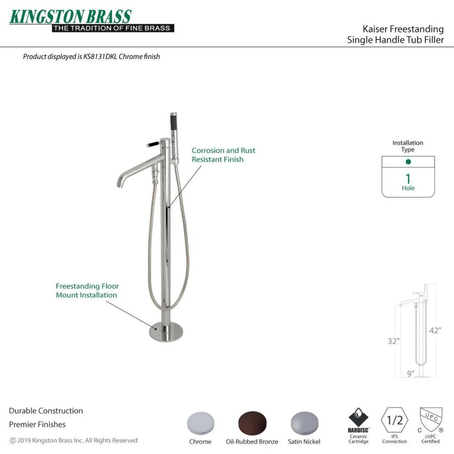 Kingston Brass Kaiser Single Hole Single Handle Freestanding Tub Faucet with Hand Shower
