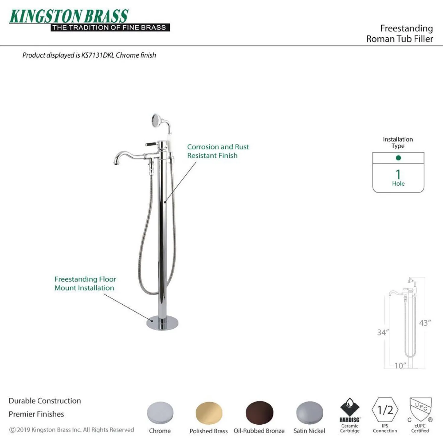 Kingston Brass Kaiser Single Handle Single Hole Freestanding Tub Faucet with Hand Shower