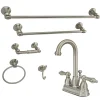 Kingston Brass KBK3618AL 4 in. Bathroom Faucet with 5-Piece Bathroom Hardware Combo, Brushed Nickel