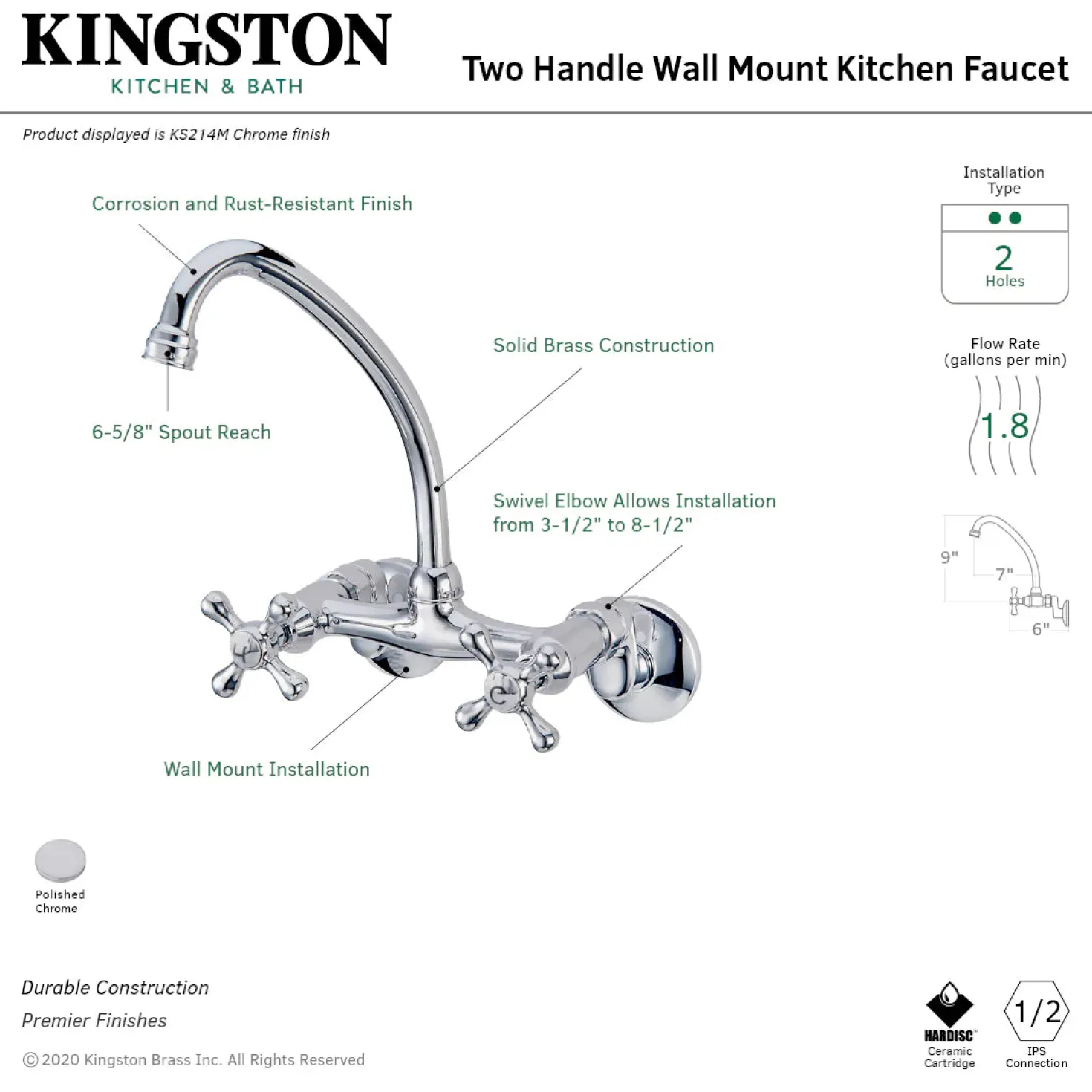 Kingston Brass Kingston 6" Adjustable Center Wall Mount Kitchen Faucet in Polished Chrome