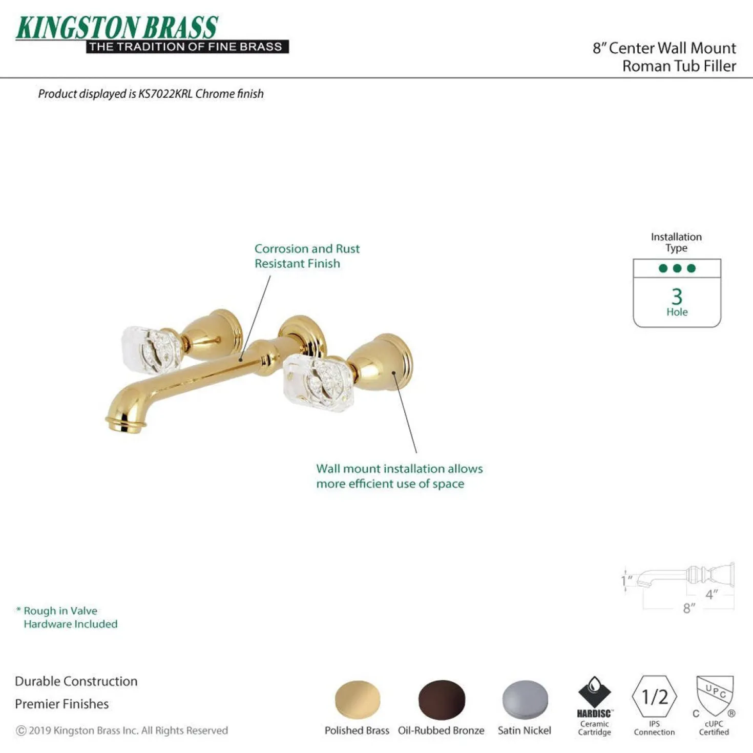 Kingston Brass Krystal Onyx 2-Handle Wall Mount Roman Tub Faucet