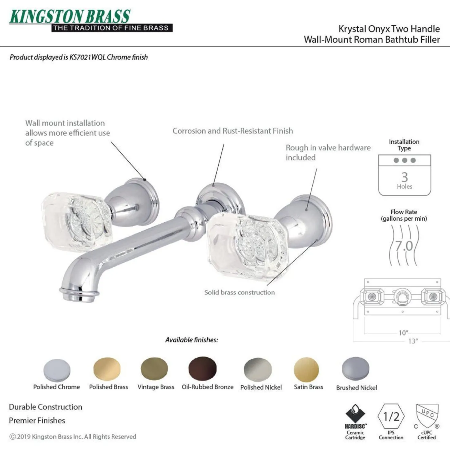 Kingston Brass Krystal Onyx 8-Inch Center Wall Mount Roman Tub Filler