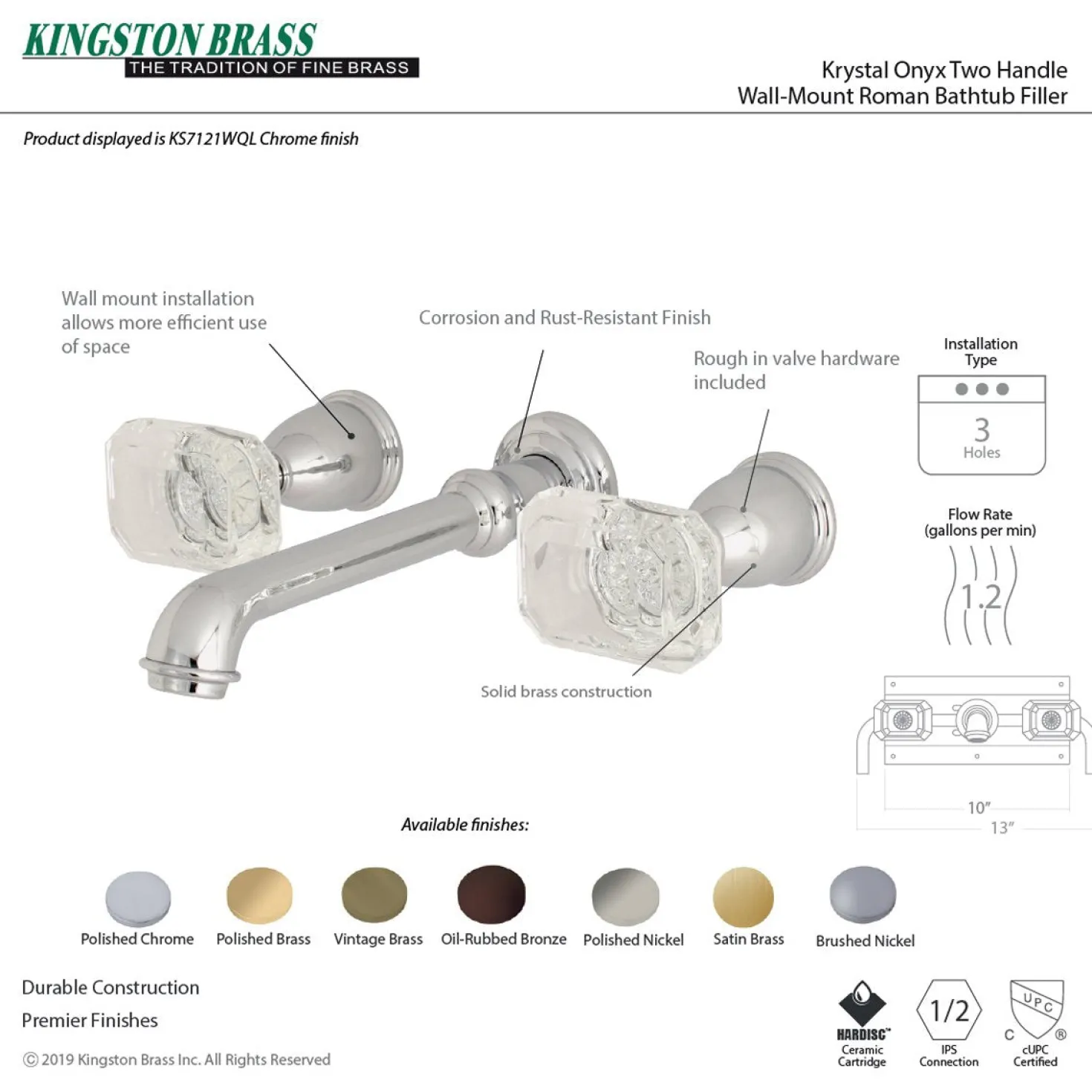 Kingston Brass Krystal Onyx Wall Mount 2-Handle Bathroom Faucet