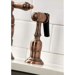 Kingston Brass KS127ALBSAC Heritage Bridge Kitchen Faucet with Brass Sprayer, Antique Copper