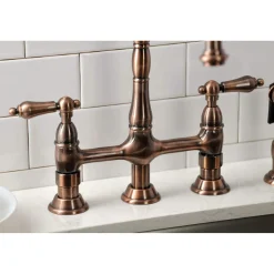 Kingston Brass KS127ALBSAC Heritage Bridge Kitchen Faucet with Brass Sprayer, Antique Copper