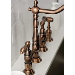 Kingston Brass KS127ALBSAC Heritage Bridge Kitchen Faucet with Brass Sprayer, Antique Copper