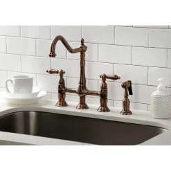 Kingston Brass KS127ALBSAC Heritage Bridge Kitchen Faucet with Brass Sprayer, Antique Copper