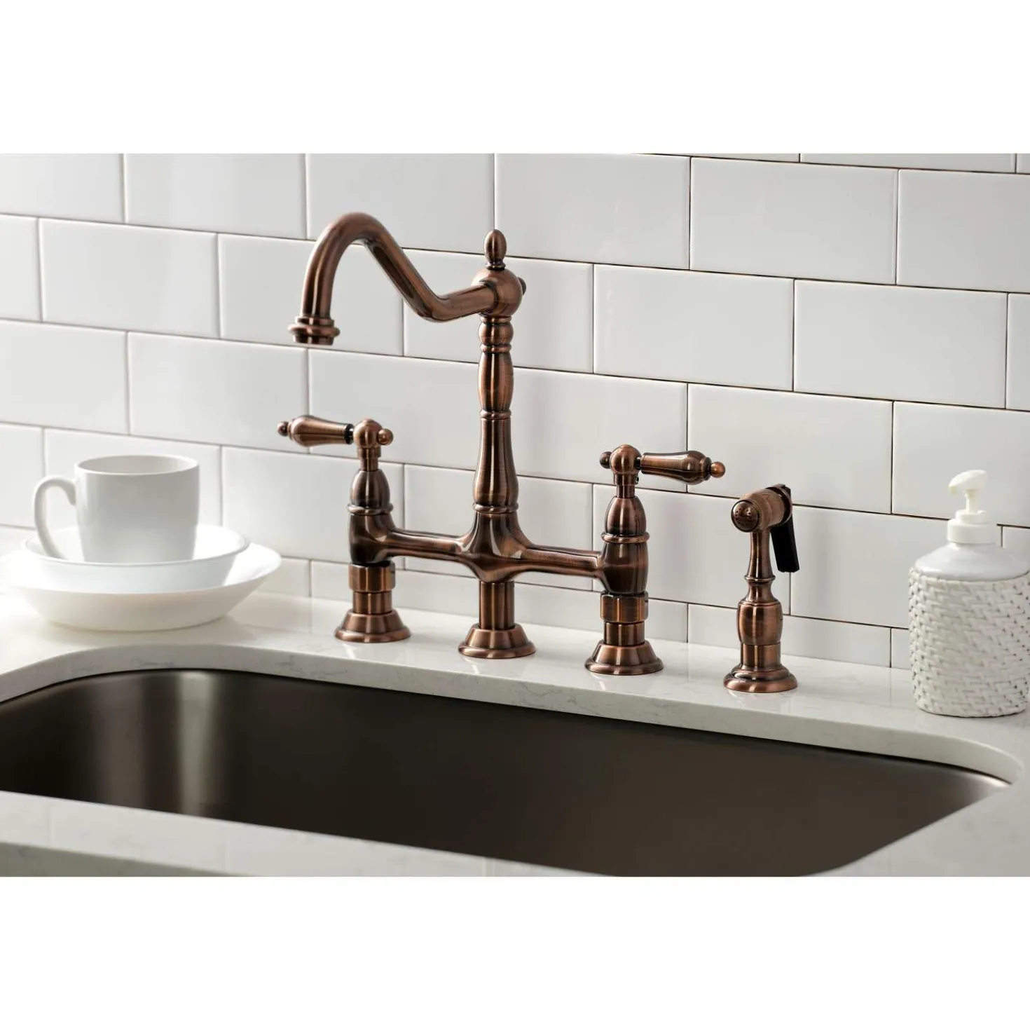 Kingston Brass KS127ALBSAC Heritage Bridge Kitchen Faucet with Brass Sprayer, Antique Copper