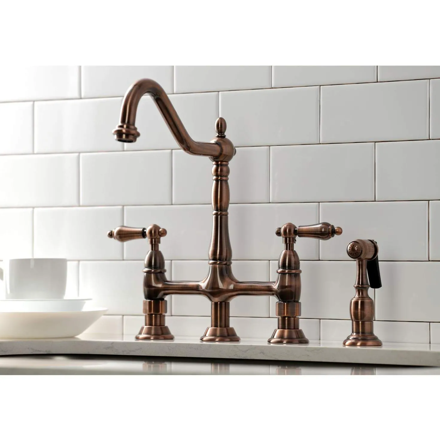 Kingston Brass KS127ALBSAC Heritage Bridge Kitchen Faucet with Brass Sprayer, Antique Copper