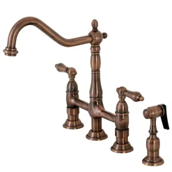 Kingston Brass KS127ALBSAC Heritage Bridge Kitchen Faucet with Brass Sprayer, Antique Copper