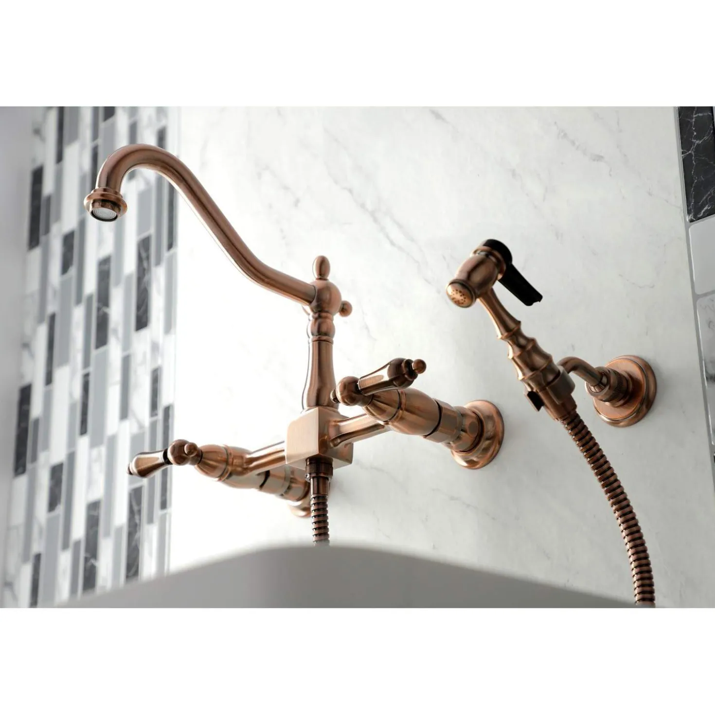 Kingston Brass KS124ALBSAC Heritage Two-Handle Wall Mount Bridge Kitchen Faucet with Brass Sprayer, Antique Copper