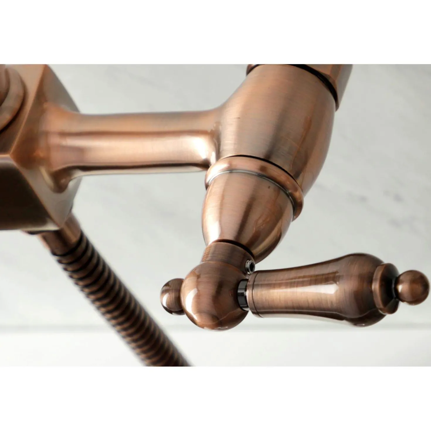 Kingston Brass KS124ALBSAC Heritage Two-Handle Wall Mount Bridge Kitchen Faucet with Brass Sprayer, Antique Copper