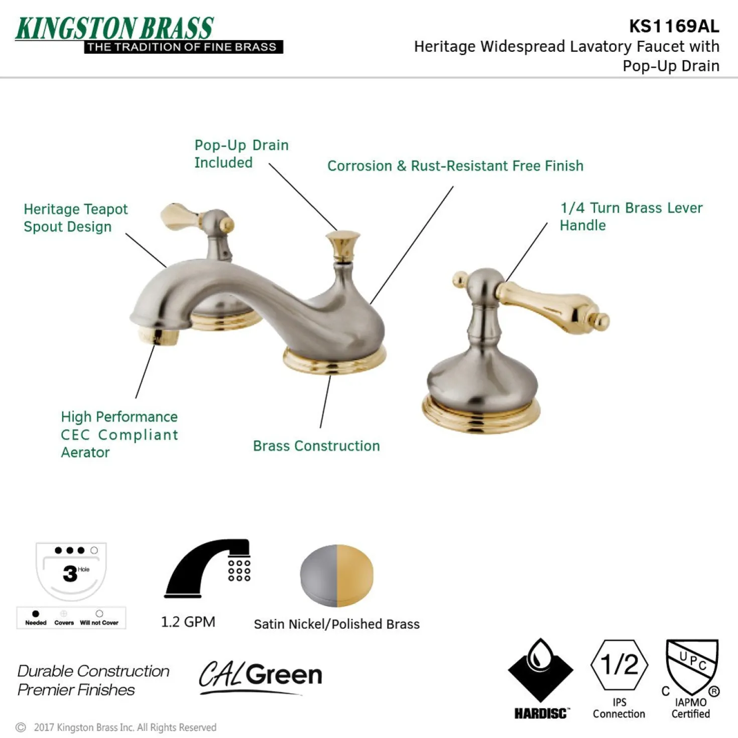 Kingston Brass KS1169AL 8-Inch Widespread Bathroom Faucet in Brushed Nickel and Polished Brass