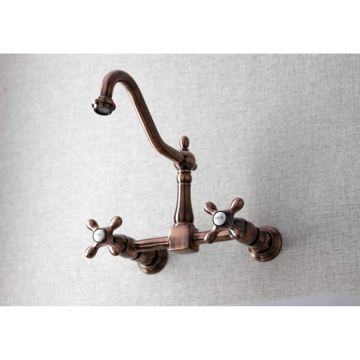 Kingston Brass KS124AXAC Heritage Two-Handle Wall Mount Bridge Kitchen Faucet, Antique Copper