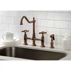 Kingston Brass KS127AXBSAC Heritage Bridge Kitchen Faucet with Brass Sprayer, Antique Copper
