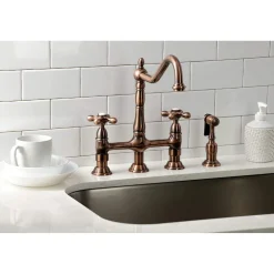 Kingston Brass KS127AXBSAC Heritage Bridge Kitchen Faucet with Brass Sprayer, Antique Copper