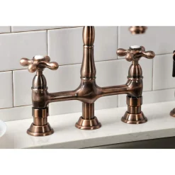 Kingston Brass KS127AXBSAC Heritage Bridge Kitchen Faucet with Brass Sprayer, Antique Copper