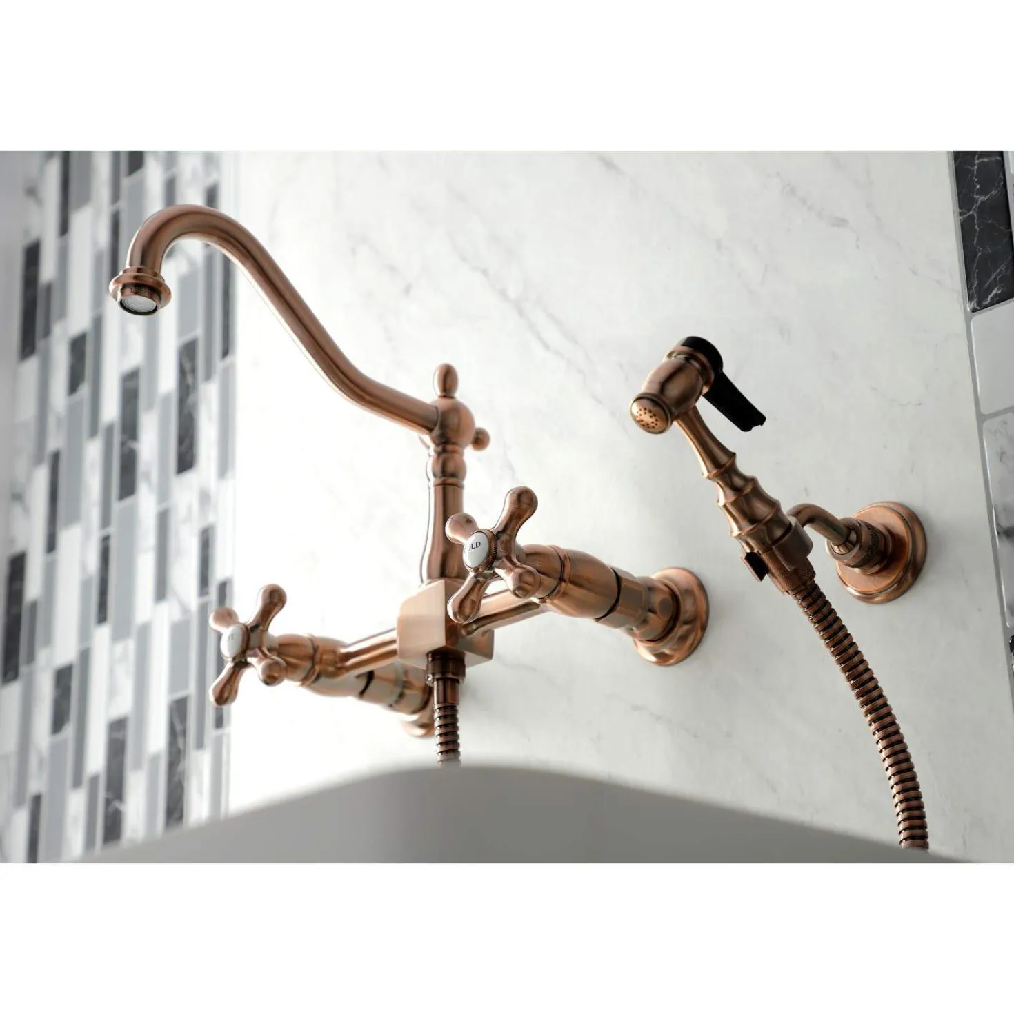 Kingston Brass KS124AXBSAC Heritage Two-Handle Wall Mount Bridge Kitchen Faucet with Brass Sprayer, Antique Copper
