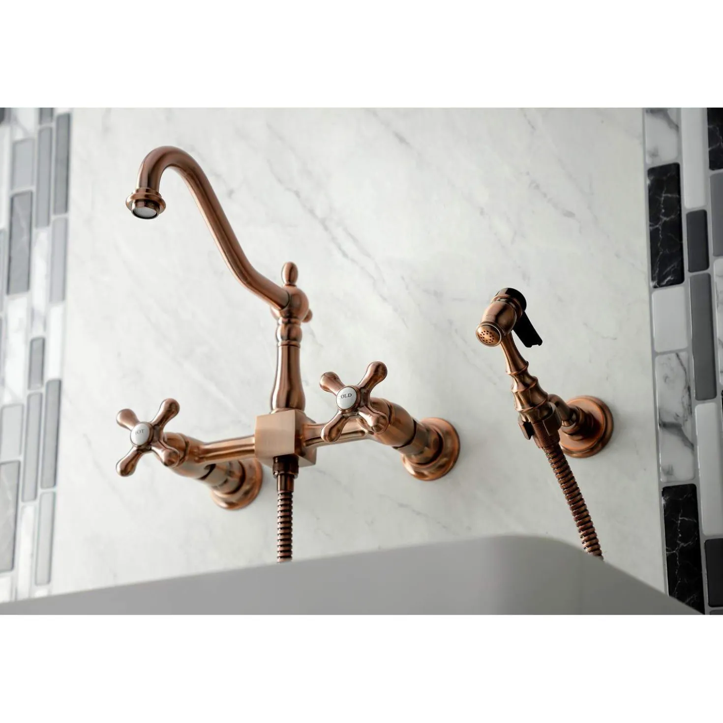 Kingston Brass KS124AXBSAC Heritage Two-Handle Wall Mount Bridge Kitchen Faucet with Brass Sprayer, Antique Copper