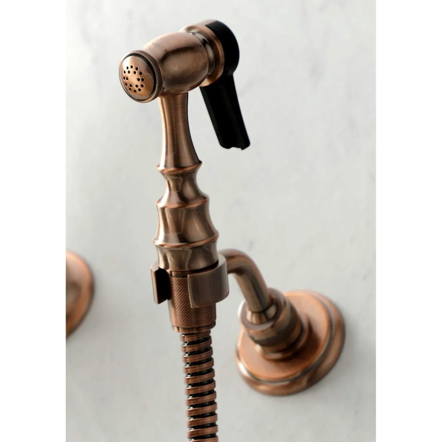 Kingston Brass KS124AXBSAC Heritage Two-Handle Wall Mount Bridge Kitchen Faucet with Brass Sprayer, Antique Copper
