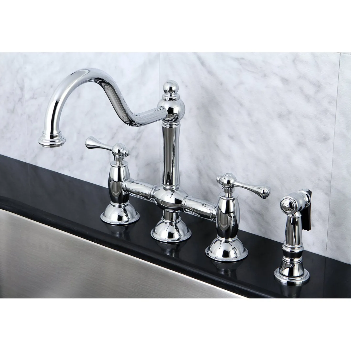 Kingston Brass KS3791BLBS Restoration Kitchen Bridge Faucet with Brass Sprayer in Polished Chrome