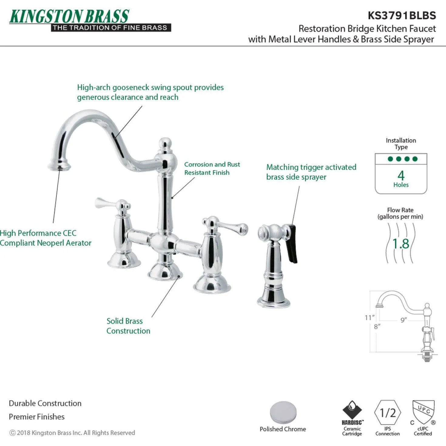 Kingston Brass KS3791BLBS Restoration Kitchen Bridge Faucet with Brass Sprayer in Polished Chrome