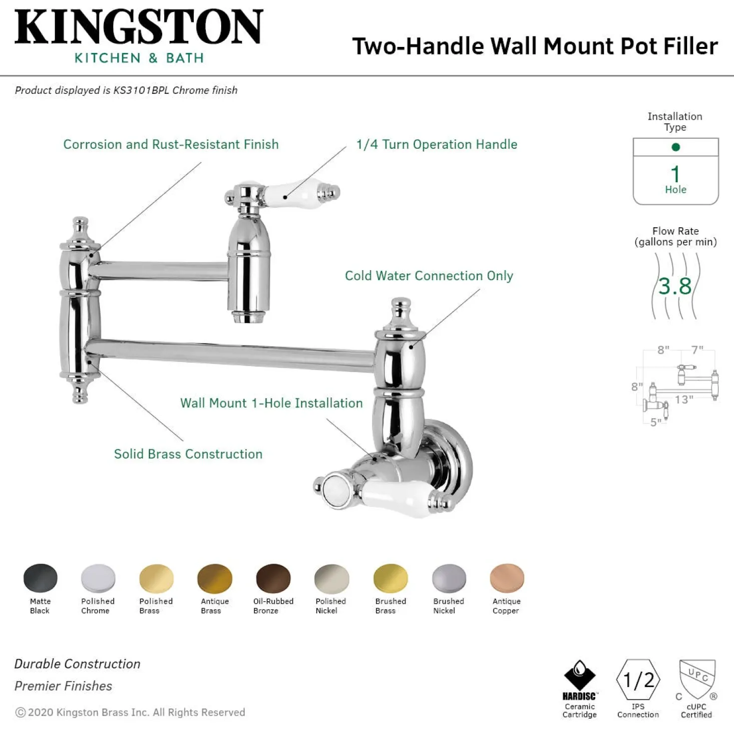Kingston Brass KS310BPLAC Bel Air Wall Mount Pot Filler Kitchen Faucet, Antique Copper