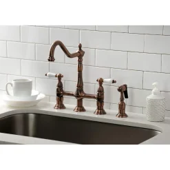 Kingston Brass KS127PLBSAC Heritage Bridge Kitchen Faucet with Brass Sprayer, Antique Copper
