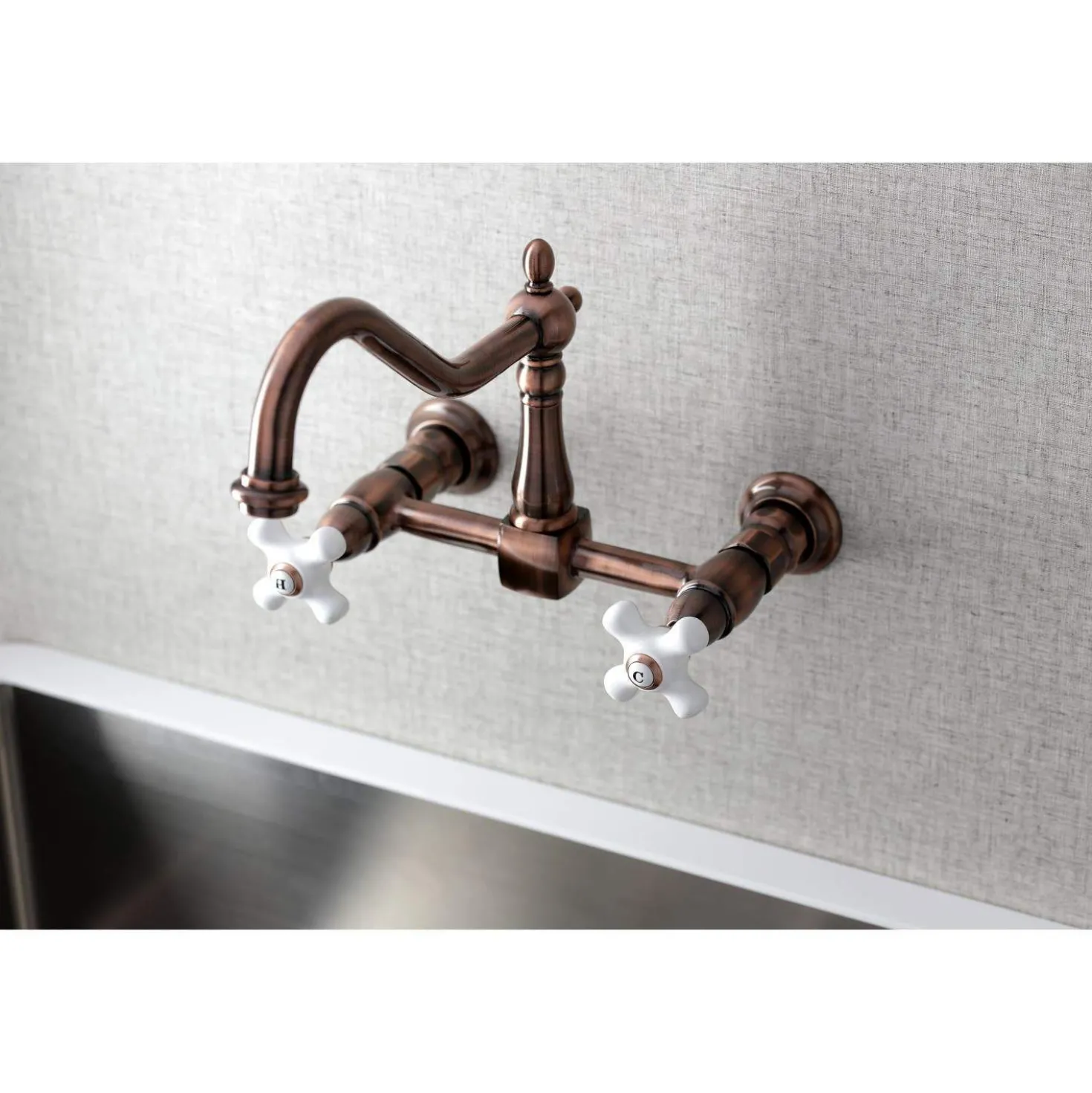 Kingston Brass KS124PXAC Heritage Two-Handle Wall Mount Bridge Kitchen Faucet, Antique Copper
